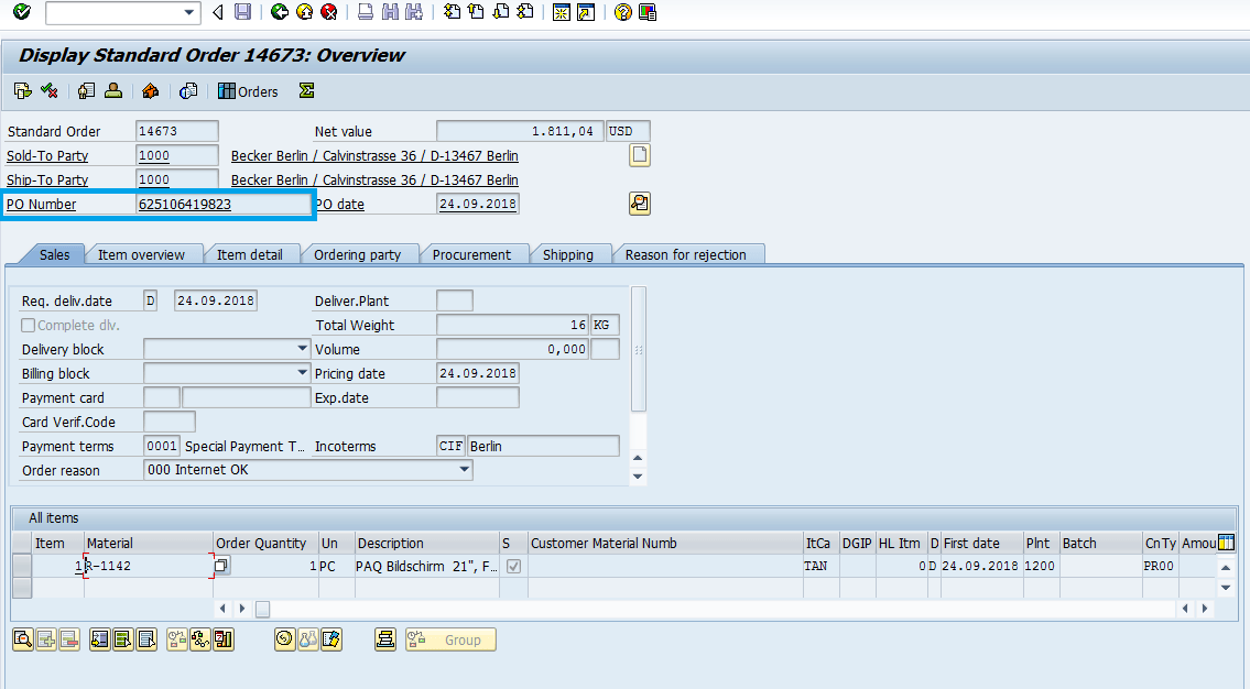 display-standard-order-in-sap