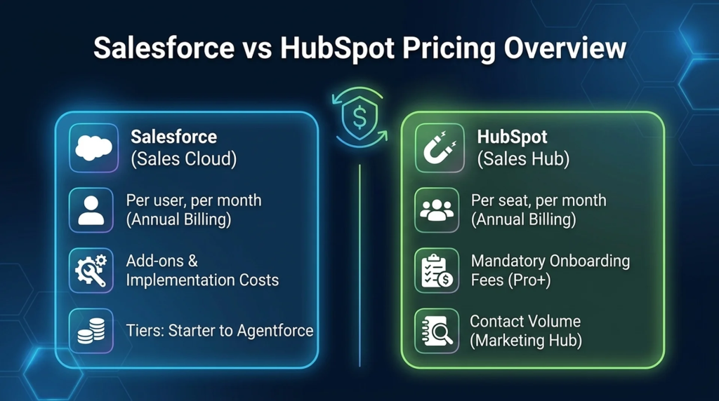 Split infographic comparing Salesforce (Sales Cloud) and HubSpot (Sales Hub) pricing side by side.