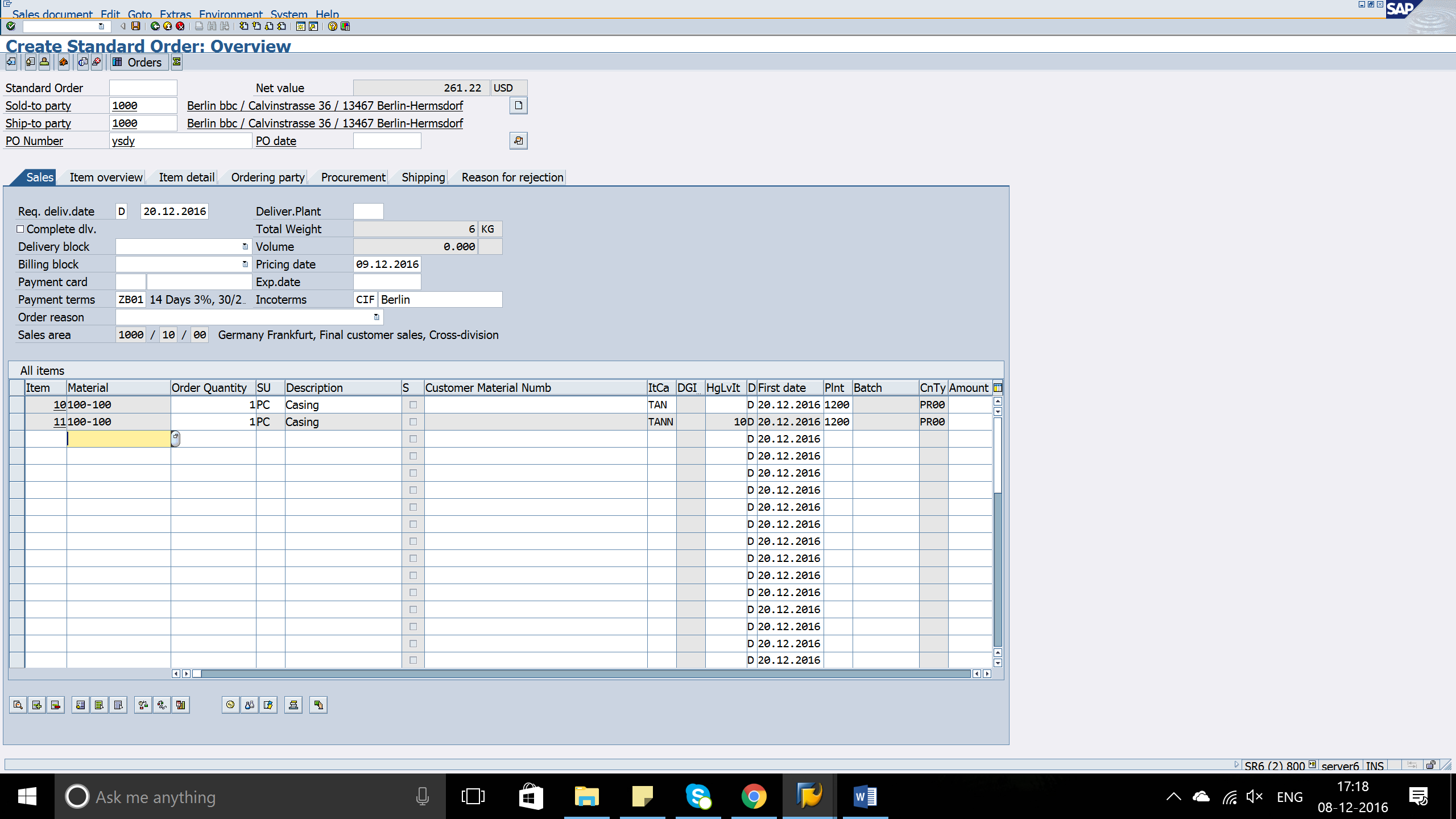Create Standard Order in SAP erp