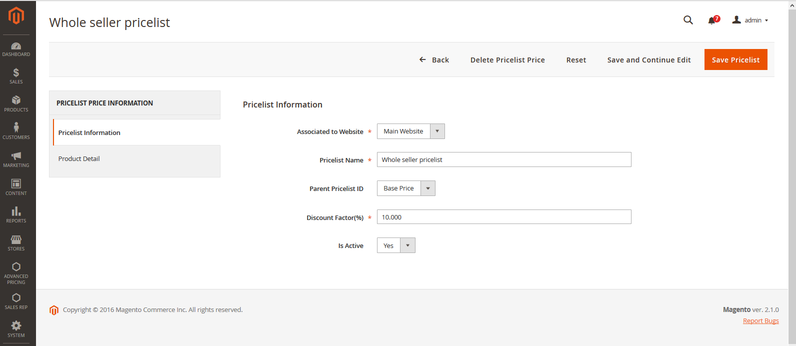 Magento Pricelist Edit in admin UI