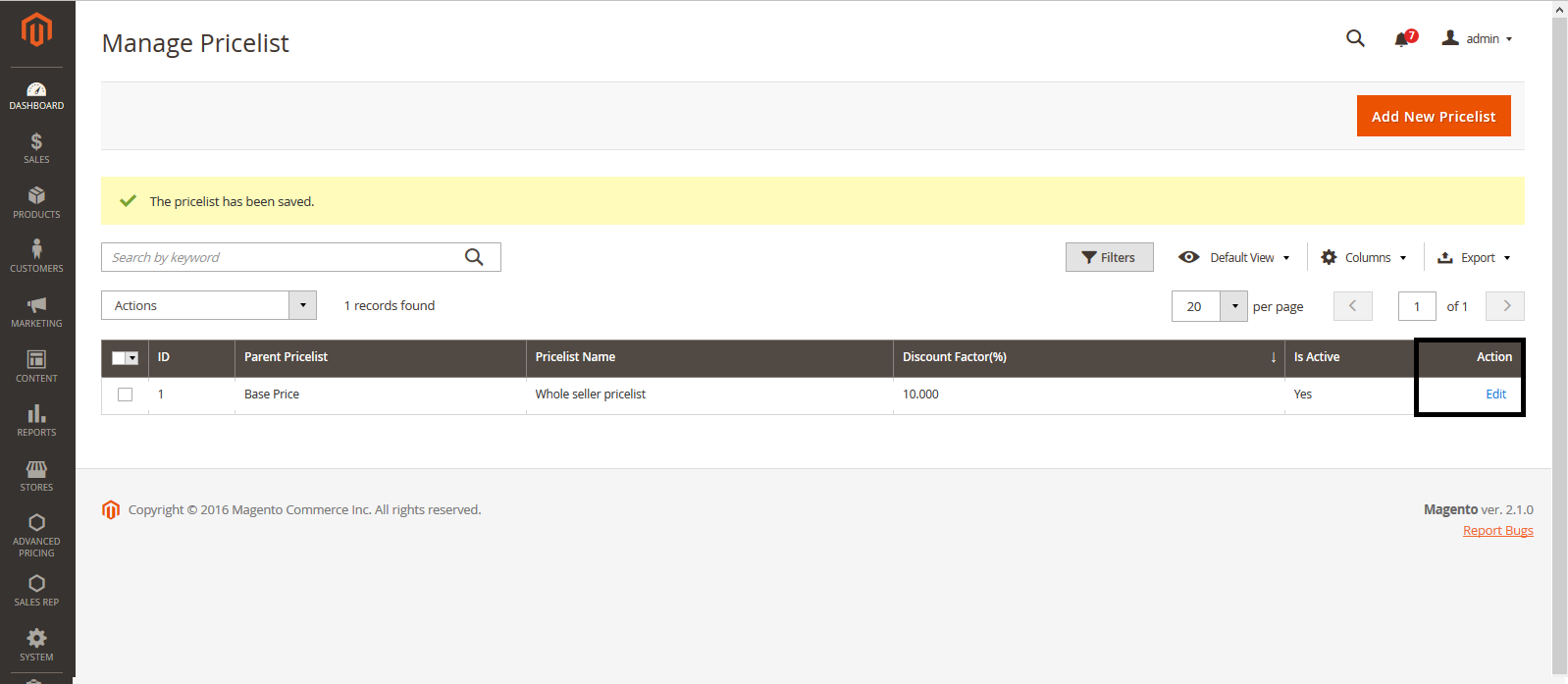Magento Pricelist Edit