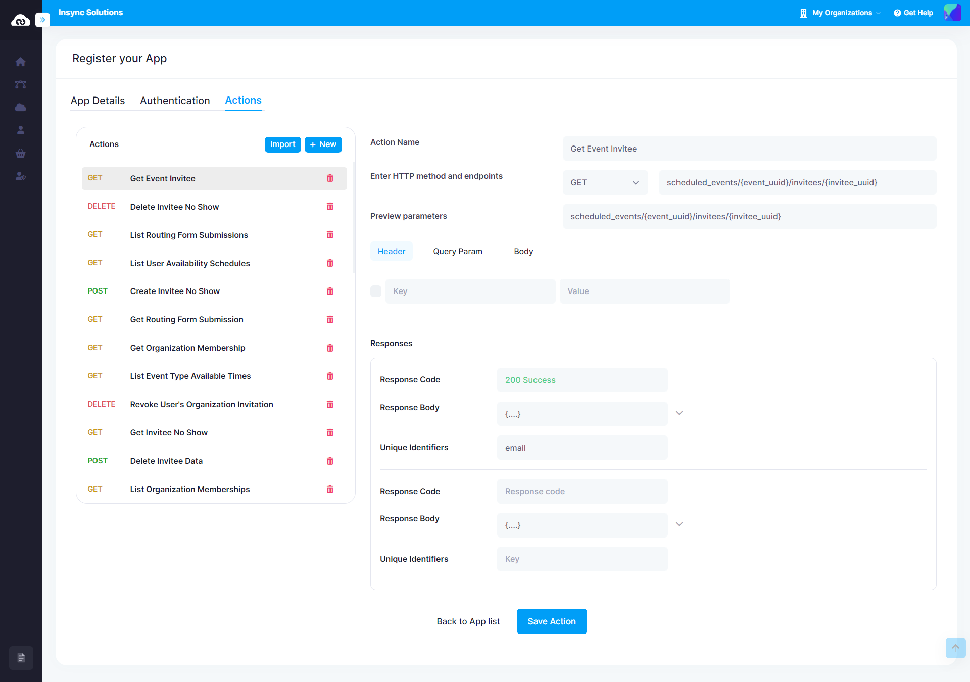 List of actions step 3 - private app