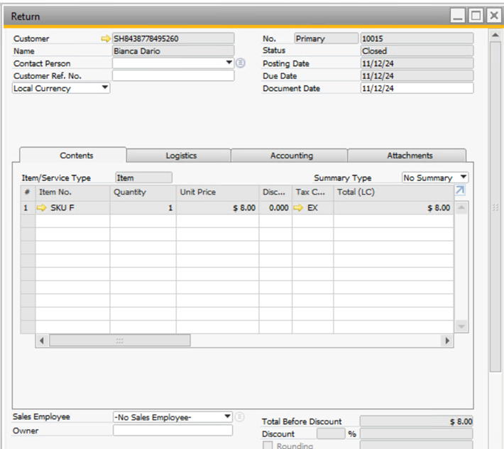 return document sap b1 sales order