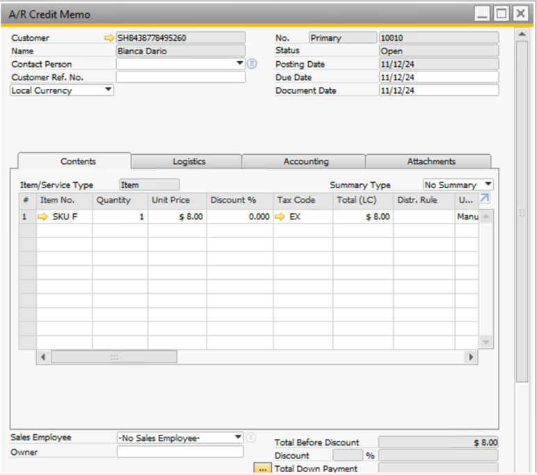 sap b1 credit memo creation