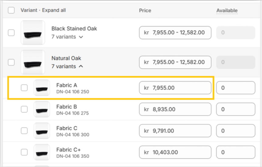 prices table
