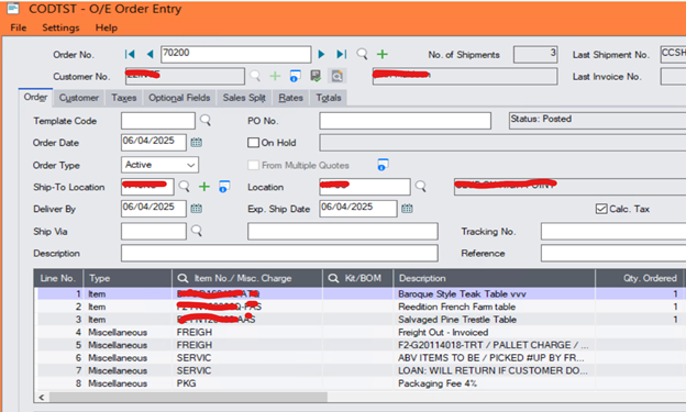 CODTST - O/E Order Entry Picture