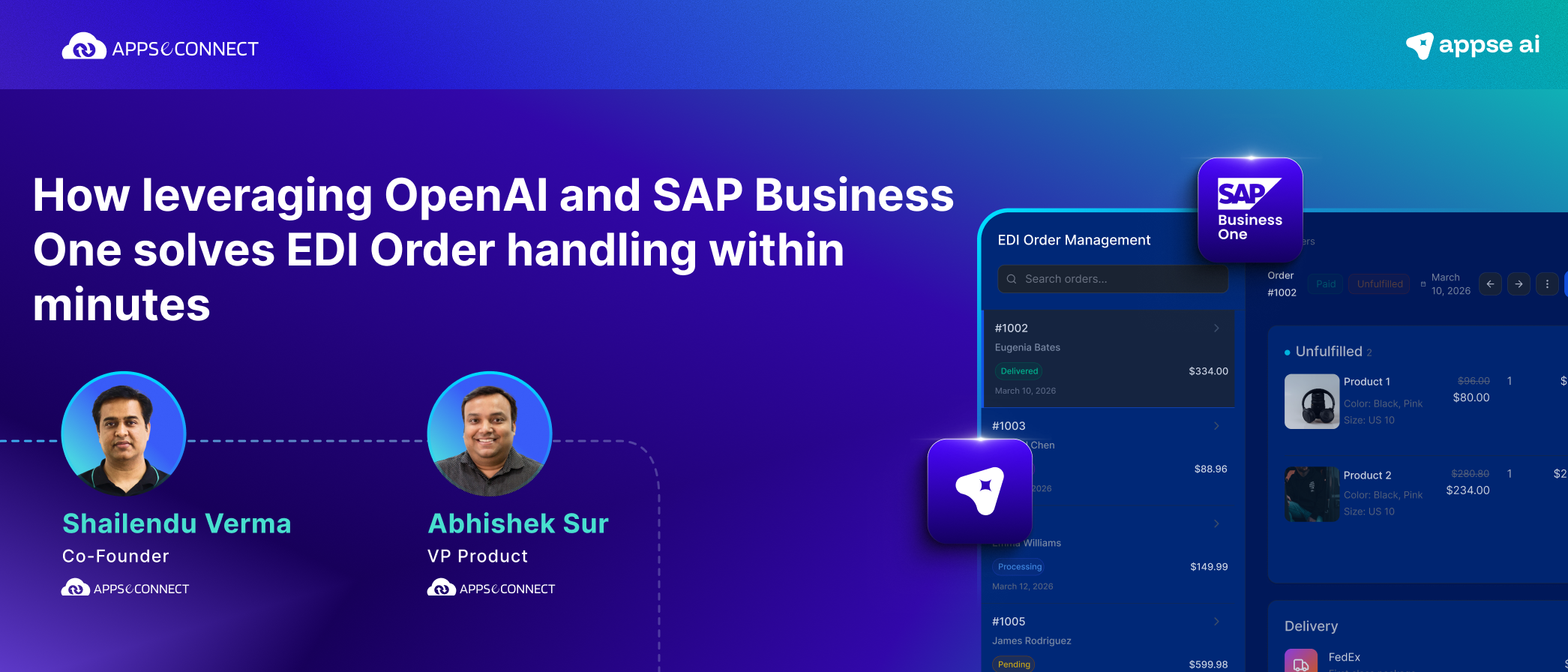 "OpenAI and SAP Business One webinar banner for AI-powered EDI order handling and automation."