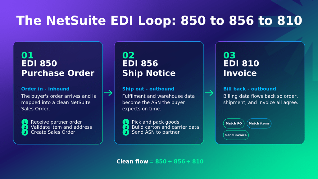 Infographic banner showing three gradient cards: 01 EDI 850 Purchase Order, 02 EDI 856 Ship Notice, 03 EDI 810 Invoice with arrows linking them.