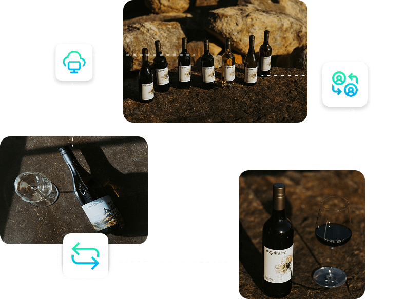 Infographic-style image: central row of wine bottles with dotted connections to icons (cloud support, collaboration) and photos of wine bottles with glasses nearby, showing a workflow.