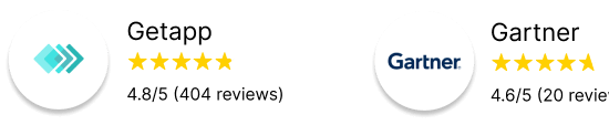 Two circular brand logos with five-star ratings: left logo shows teal chevrons, right logo displays the Gartner name; each has five gold stars beside it.
